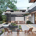 Modern Japanese Style Courtyard Garden With Water Feature Wooden Deck Outdoor Seating Green Plants Lanterns