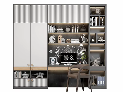 Modern Gray Open Bookcase With Glass Doors Desk And Decorative Ornaments 3d model