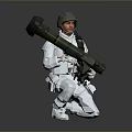 Woman in Camouflage Uniform Kneeling with Large Green Weapon and Helmet