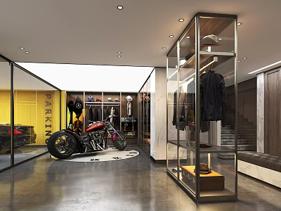 Modern Garage Interior With Motorcycle Glass Display Cabinet Hanging Clothes And Yellow Walls 3d model