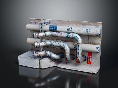 Stacked Metal Pipes With Curved Connections And Concrete Support Bases 3d model
