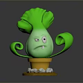 Cartoon Green Lettuce Character With Curved Arms Angry Face Yellow Pot And White Stones