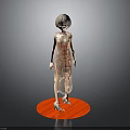 Woman in Gold Sequined Dress Standing on Red Circular Platform with Gray Background