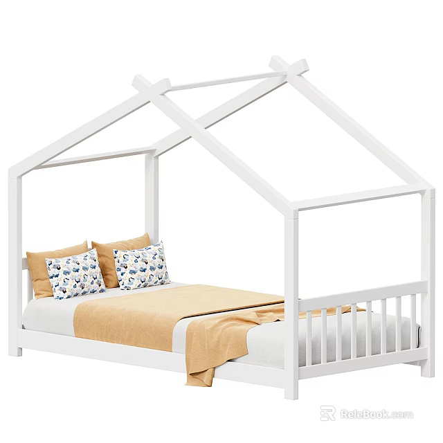 White House Shaped Kids Bed With Yellow Patterned Pillows And Blanket 3d model 