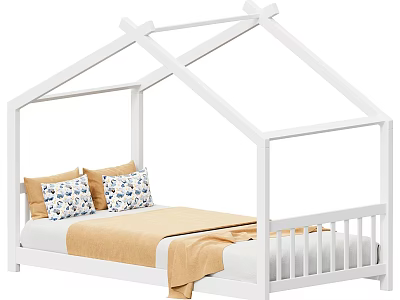 White House Shaped Kids Bed With Yellow Patterned Pillows And Blanket 3d model