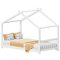 White House Shaped Kids Bed With Yellow Patterned Pillows And Blanket