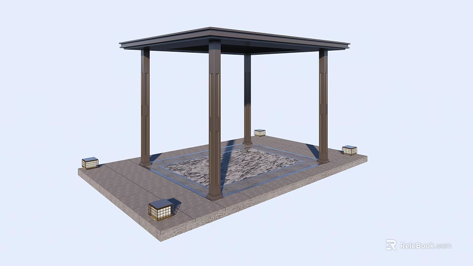 Garden Landscape Design Featuring Black Roofed Pavilion With Stone Slab Floor And Square Lanterns 3d model 