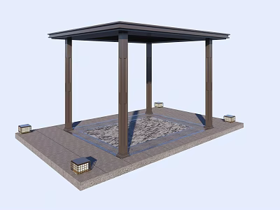 Garden Landscape Design Featuring Black Roofed Pavilion With Stone Slab Floor And Square Lanterns 3d model