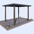 Garden Landscape Design Featuring Black Roofed Pavilion With Stone Slab Floor And Square Lanterns