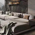 Modern Living Room Interior With Large Windows Stone Wall Gray Sofa Coffee Tables And Plant