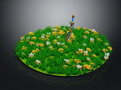 Green Grass Field With Yellow And White Small Flowers Blooming Brightly 3d model