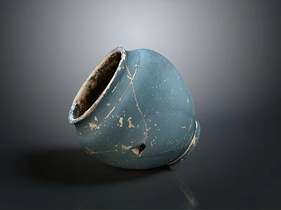 Hand Carved Blue Ceramic Sculpture With Cracked Weathered Surface On Dark Background And Light Interior 3d model