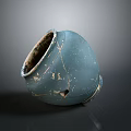 Hand Carved Blue Ceramic Sculpture With Cracked Weathered Surface On Dark Background And Light Interior