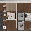 Modern Laundry Room Design With Stacked Washing Machines Dryers Wooden Cabinets And Sink