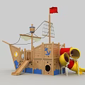 Wooden Pirate Ship Play Structure with Red Flag Net Slide and Round Windows