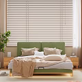 Green Upholstered Headboard Double Bed with Wooden Blinds Brown Curtains Bedside Table and Floor Lamp