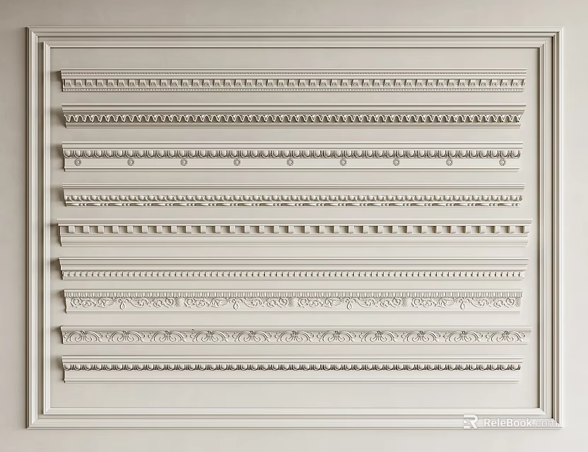 Elegant Gypsum Cornice with Various Patterns Displayed in White Frame for Interior Design 3d model 