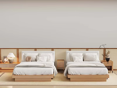 Minimalist Bedroom Interior With Two White Beds Wooden Headboards Table Lamps And Rug 3d model