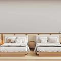 Minimalist Bedroom Interior With Two White Beds Wooden Headboards Table Lamps And Rug
