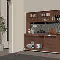Modern Wooden Sideboard with Open Shelves Drawers Small Appliances and Plant in Cozy Interior