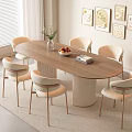 Modern Oval Wooden Dining Table Set With Six Upholstered Chairs Vase Fruits And Wall Art