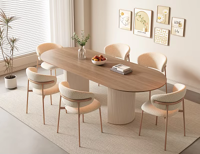 Modern Oval Wooden Dining Table Set With Six Upholstered Chairs Vase Fruits And Wall Art 3d model