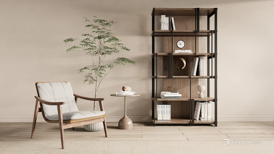 Cozy Leisure Chair In Living Space With Tall Bookshelf Green Plant And Side Table 3d model 
