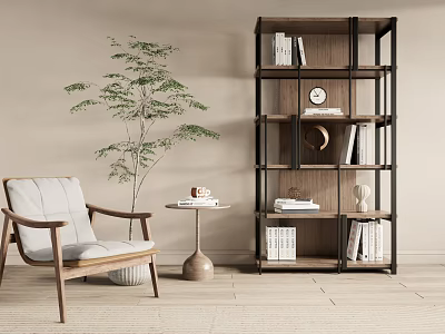 Cozy Leisure Chair In Living Space With Tall Bookshelf Green Plant And Side Table 3d model