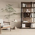 Cozy Leisure Chair In Living Space With Tall Bookshelf Green Plant And Side Table
