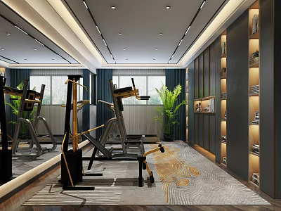 Modern Fitness Gym Interior With Workout Equipment Mirrors Green Plants And Area Rug 3d model