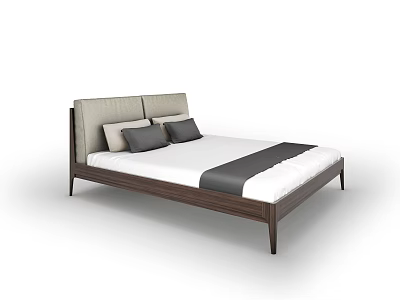 Modern Wooden Frame Double Bed With Upholstered Headboard White Mattress And Gray Pillows 3d model