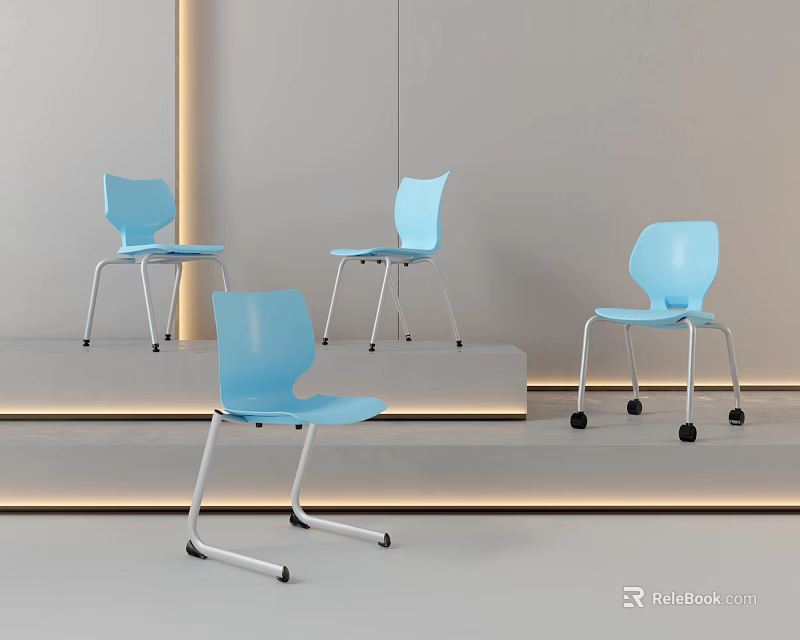 Four Blue Modern Chairs With Metal Legs In Minimalist Interior Setting 3d model 