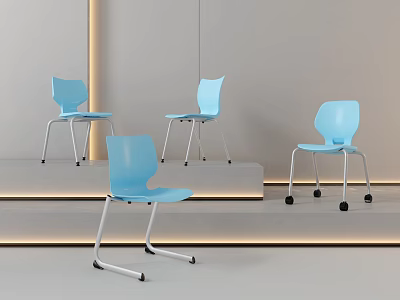 Four Blue Modern Chairs With Metal Legs In Minimalist Interior Setting 3d model