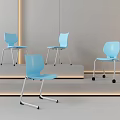 Four Blue Modern Chairs With Metal Legs In Minimalist Interior Setting