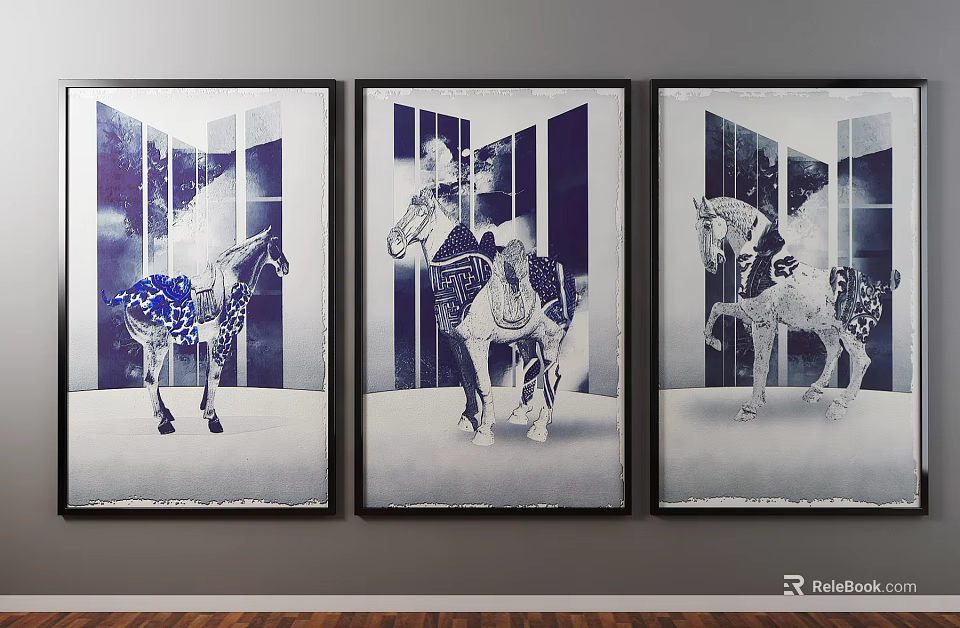 Three Framed Horse Paintings With Decorative Patterns As Wall Art For Interior Decor 3d model 