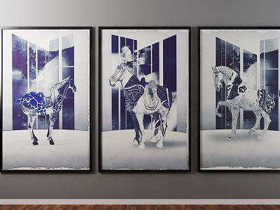 Three Framed Horse Paintings With Decorative Patterns As Wall Art For Interior Decor 3d model