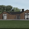 Modern Wooden House With Black Roof Large Windows And Green Lawn Surrounded By Trees