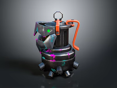 Bio Mechanical Character With Black Body Orange Accents Purple Glowing Lines Green Dots 3d model