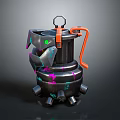 Bio Mechanical Character With Black Body Orange Accents Purple Glowing Lines Green Dots