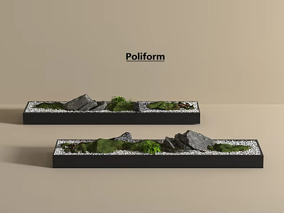 Rockery Stones with Green Plants White Pebbles in Black Rectangular Containers 3d model