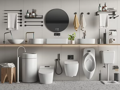 Modern Bathroom Sink With Round Mirror Wall Mounted Towel Racks And Toiletries 3d model