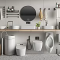 Modern Bathroom Sink With Round Mirror Wall Mounted Towel Racks And Toiletries