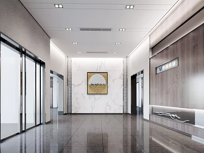 Modern Front Desk Reception Area With Marble Wall Circular Painting Glass Doors And Ceiling Lighting 3d model