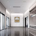 Modern Front Desk Reception Area With Marble Wall Circular Painting Glass Doors And Ceiling Lighting
