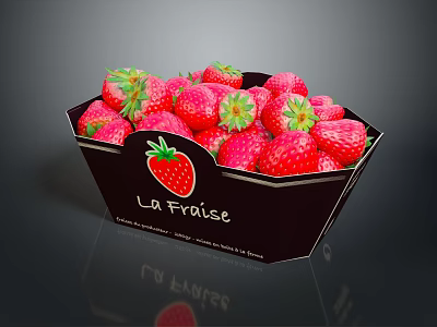 Fresh Red Strawberries with Green Leaves Packed in La Fraise Black Paper Box 3d model