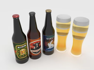 Various Labeled Beer Bottles And Glasses Filled With Beer On White Background 3d model