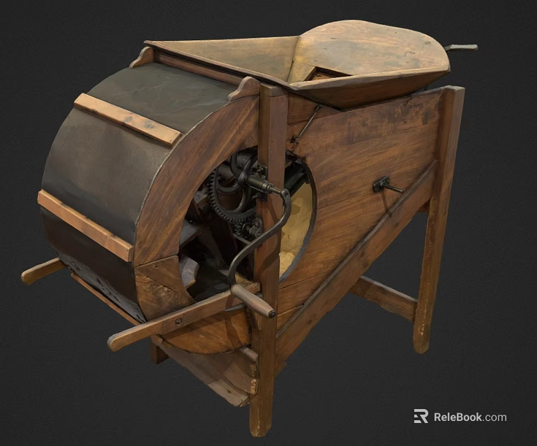 Traditional Wooden Agricultural Equipment Featuring Mechanical Gears And Drum Structure 3d model 
