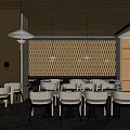 Modern Restaurant Interior With Wooden Slat Wall Hanging Lights And Dining Tables