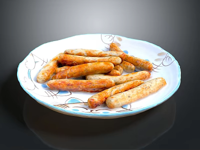 Delicious Golden Brown Sausages Served on White Plate with Blue Patterns 3d model
