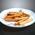 Delicious Golden Brown Sausages Served on White Plate with Blue Patterns